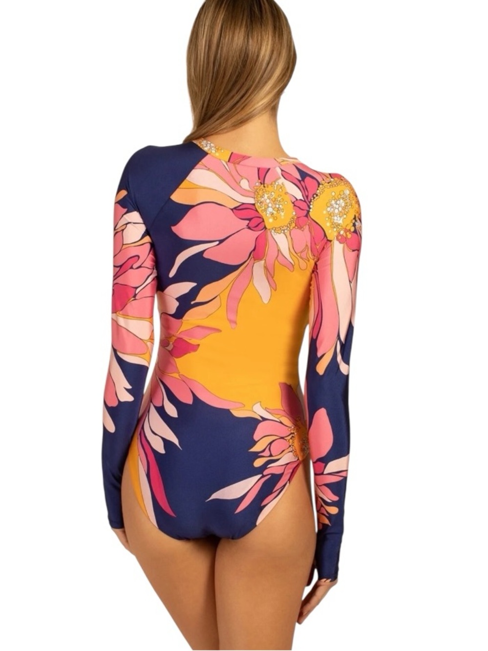 Trina Turk Floral Long Sleeve Rash Guard One Piece Swimsuit Large L Zip Front - Picture 4 of 9